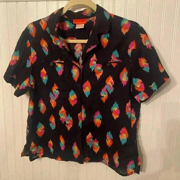 VTG Halston III Linen Blend Southwestern Camp Button Up - Picture 1 of 9